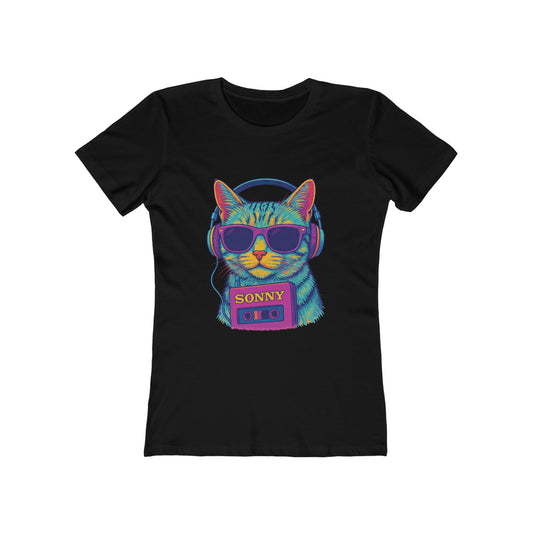 Colorful Cat Graphic Tee, Trendy Women's Shirt, Gift for Cat Lovers, Music Vintage T-Shirt, Playful Short Sleeve Top